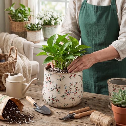 Bokon 7 x 6.3 Inch Ceramic Planter Vintage Scroll Planter,White Floral - Image 4