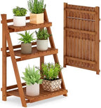 GIANTEX Foldable Ladder Plant Shelf, 3-Tier Solid Wood Indoor Outdoor Flower Pot Display Rack, Corner Storage Bookshelf, Freestanding Tiered Plant Stand for Garden Patio Balcony, No Assembly by Giantex