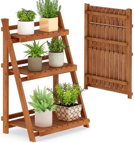 GIANTEX Foldable Ladder Plant Shelf, 3-Tier Solid Wood Indoor Outdoor Flower Pot Display Rack, Corner Storage Bookshelf, Freestanding Tiered Plant Stand for Garden Patio Balcony, No Assembly by Giantex