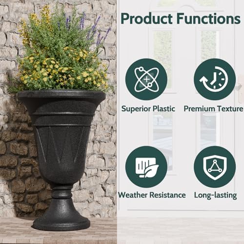 Tall Plastic Urn Planters and Pedestal - 24" Outdoor Planter Black - Image 5