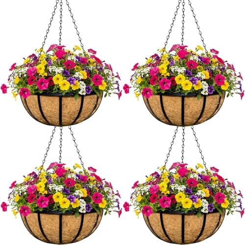4pcs 14 inch Metal Hanging Baskets Round Wire Plant Stand with Coco Lining Cushion Decorative Planter Hanger Garden Indoor Outdoor Watering Hanging Basket （BT） by SMYAXUNW