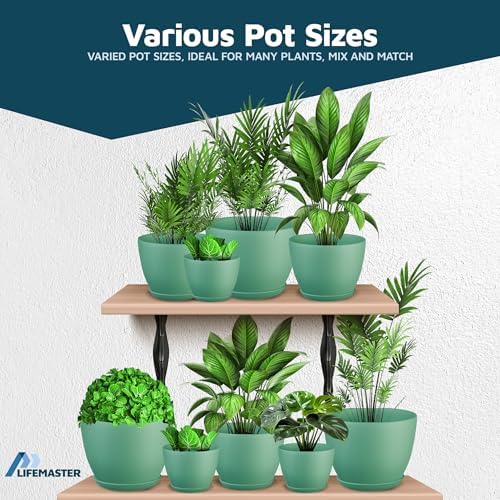 Mint Plant Pots with Drainage Holes & Saucers 15 Pack, Indoor & Outdoor Stackable Space-Saving Planters for Houseplants & Flowers, (7", 6.7", 6", 5.3", and 4.8" Inches), Durable & Weatherproof - Image 4