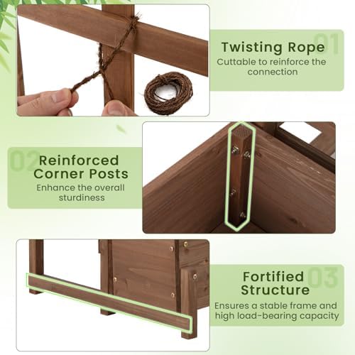 GIANTEX Raised Garden Bed with Legs and Trellis, 2-Tier Standing Planter Box with Drain Holes, Outdoor Elevated Garden Trellis for Vine Climbing, Flower Vegetable Fruit Herb Growing, Rustic Brown - Image 6
