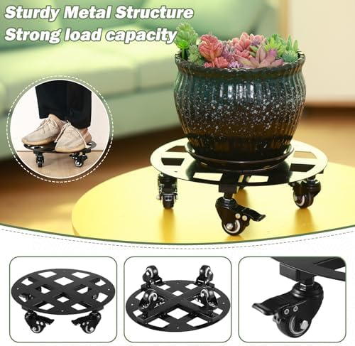 2 Packs 12 inches Large Metal Plant Caddy with Wheels Heavy-Duty Round Plant Stands with Casters Indoor Outdoor Flower Pot Mover Roller Base Garden Dolly Coasters Black, Strong Load Capacity - Image 4