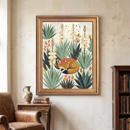 Framed Canvas Wall Art Bohemian Gouache Desert Foxes in Yucca Floral Pink and Yellow Canvas Print Poster Gold Frame Wall Decor for Living Room Southwestern Decor, Animal Art - Inch 16x20 - Image 4