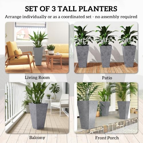 Outsunny 28 Inch Tall Planters for Outdoor Plants Plastic Flower Pots Gray - Image 4