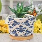 Blue Regalia Planters Ceramic Regalia in Blue Round Plant Pots with Drainage Holes and Bamboo Tray Pot for Home Office Decoration - Image 6