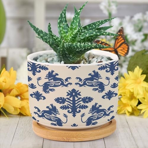 Blue Regalia Planters Ceramic Regalia in Blue Round Plant Pots with Drainage Holes and Bamboo Tray Pot for Home Office Decoration - Image 6