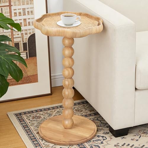 Drink Table, Boho Rattan Flower Small Side Table for Small Spaces, Solid Wood Modern Nightstand for Living Room, Bedroom, Farmhouse, Corners by FASNAHOK