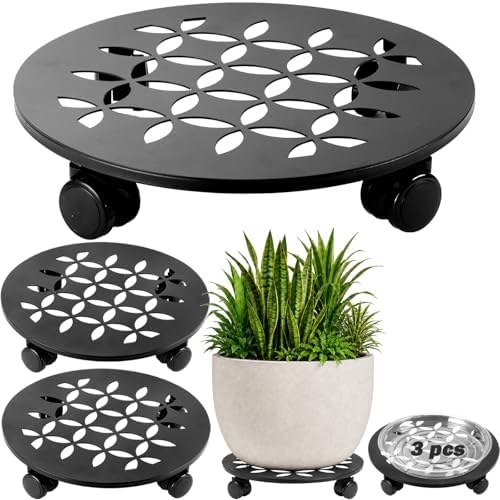 3 Packs 13.5" Large Metal Plant Caddy with Wheels Heavy-duty Plant Dolly Pot Mover Rollers Rolling Plant Stands Indoor Outdoor Wheeled Plant Holder Coaster Trolley, Black by DEELF+OUTLET