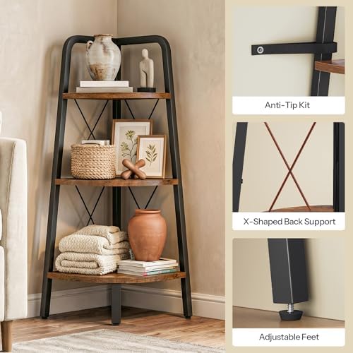 HOOBRO Corner Shelf, 3-Tier Corner Shelf Stand, 40” Tall Ladder Bookshelf, Industrial Corner Display Shelf Plant Stand for Living Room, Kitchen, Home Office, Rustic Brown BF143CJ01 - Image 5