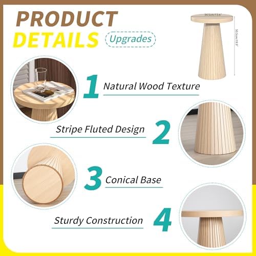 Small Round Pedestal Side Table, Wooden End Table for Living Room, Fluted Drink Table for Small Space, Modern Plant Stand Accent Table for Sofa Couch, 13.6 inch (Wood) - Image 4