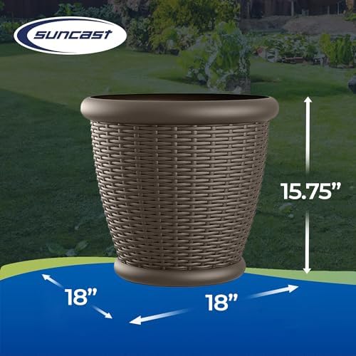Suncast 4 Pack Wicker Planter w/ Drillable Drain Holes, Decorative Indoor/Outdoor Pot, 18in, Java - Image 3