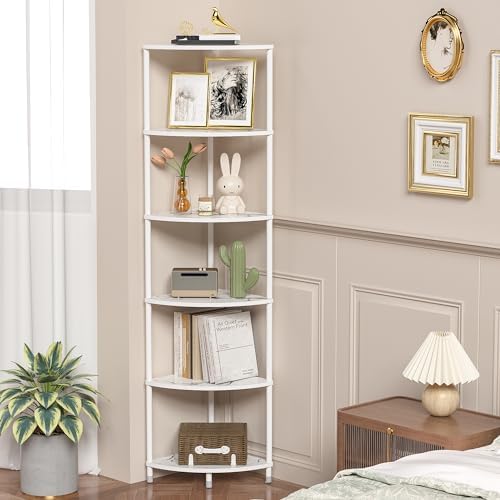 6 Tier Corner Shelf Stand, 54.4", Marble White - Image 4