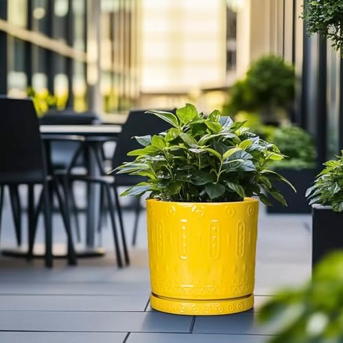 Eightpot Ceramic Flower Pots, 12 Inch Plant Pot with Drainage Holes and Saucers, Round Pots for Plants for Indoor Outdoor, Boho Decorative Planter, Garden House Decor, Gifts for Women, Yellow - Image 5