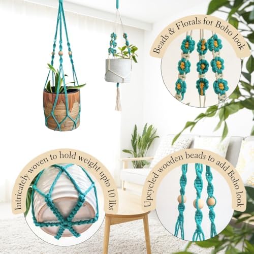 Set of 2 Macrame plant hanger with Daisies & Beads | Hanging plant holder Macrame Plant hangers outdoor and indoor hanging planters Plant stand indoor Boho Decor hanging planter stand (Ocean Teal) - Image 5