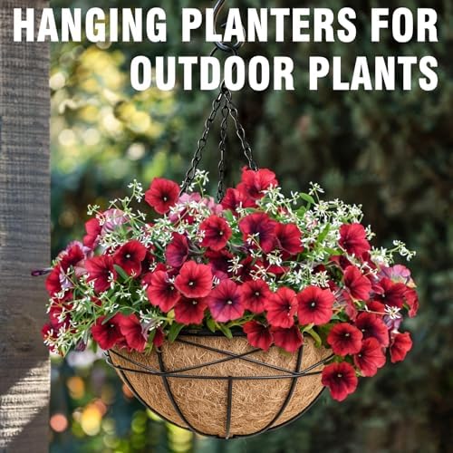 4 Pack 14 Inch Hanging Baskets for Plants Outdoor Large Flower Planters with Coco Liner for Outside Planting Watering Plant Pot Holder for Home Garden Porch Balcony Railings Decor - Image 4