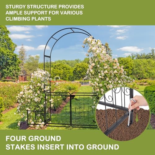 Outvita Black 7FT Metal Garden Arch with Entry Door & Ground Stakes - Image 5