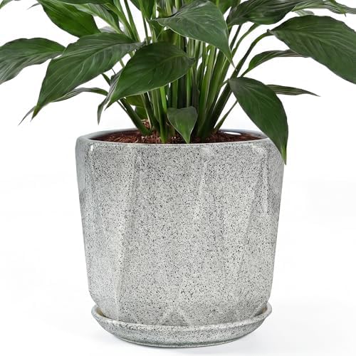 10 Inch Ceramic Plant Pot with Drainage Hole Mesh Net, Large Flower Pots for Indoor Plants with Saucer, Gardening Pots Outdoor (Gray-dot) by Unknown