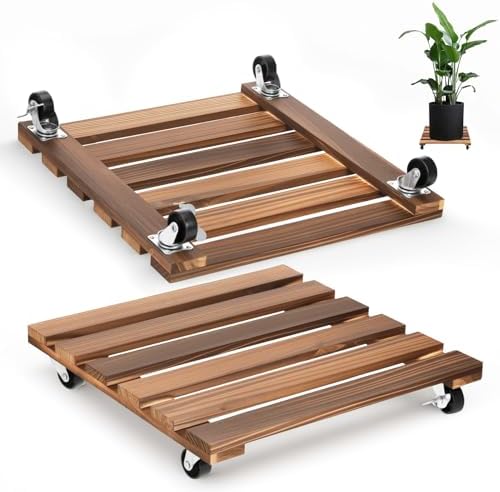 2 Pack 16 Inch Wooden Rolling Plant Stand with Lockable Wheels Heavy Duty Square Plant Dolly Pot Risers Roller Base for Indoor Outdoor Planters by Unknown