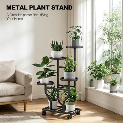 Plant Stand with Wheels, Black 4 Tier Metal Plant Shelf for Indoor Outdoor - Image 6