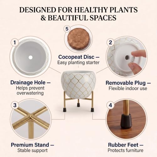 Metal Indoor Planter for Succulents with Drainage Hole and Cocopeat Disc, Set of 2 for Home Decor. (White & Gold) - Image 6