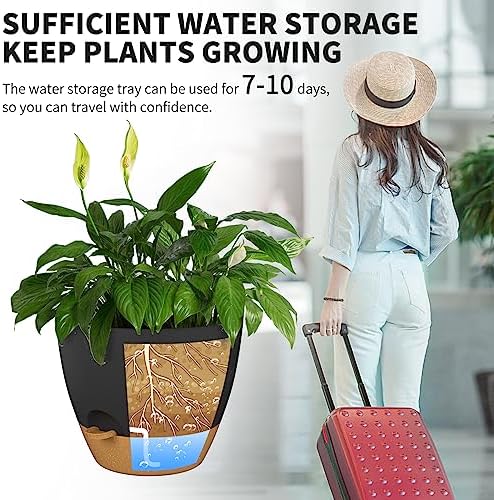 12/10/9 Inch Self Watering Pots for Indoor Outdoor Plants, Set of 3 Large Plastic Planters with Visual Water Window, Drainage Holes & Watering Lip, Modern Decorative Flower Pots (Black) - Image 6