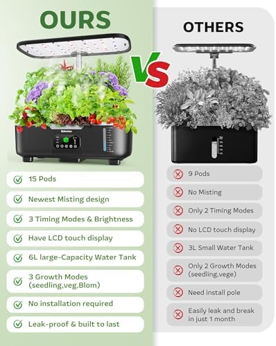 Misting Hydroponic Growing System Kit 15-Pods Indoor Smart Herb Garden Planter with LCD Touch Panel 6L Large Tank for Herb/Vegetables/Flowers/Fruits,Gardening Gifts for Women Men Beginners-Black - Image 4