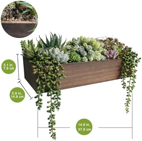 Winlyn Artificial Succulent Arrangement 15" Assorted Succulents Plants in Brown Rectangular Wooden Box Faux Potted Succulents Plant for Farmhouse Home Table Centerpiece Mantel Shelf Kitchen Décor - Image 2