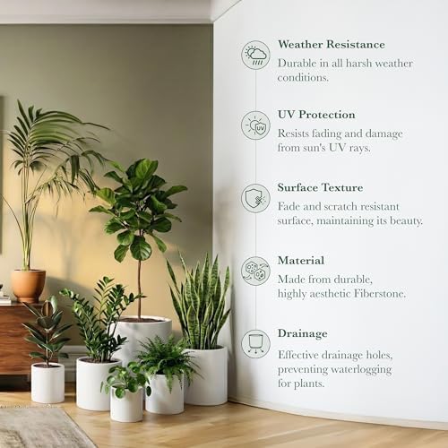 DTY Mount Powell 13.8" D x 13.8" H (Pot Opening 10.6") Fiberstone Cylindrical Planter with Drainage Hole, Weather Resistant for Indoor & Outdoor Use, Includes 2 Extra Coco Mats - White, Large - Image 2