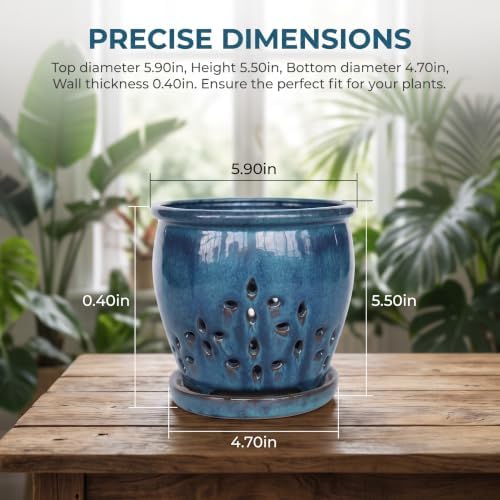 Ceramic Orchid Pot with Drainage Holes and Saucer, Vent Holes，Blue：5.9 Inch - Image 2