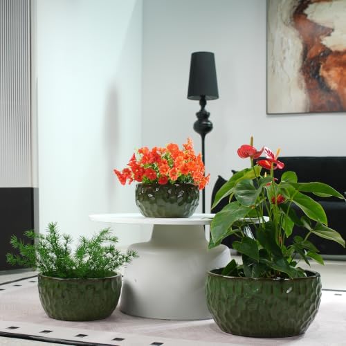 10 Inch Ceramic Planters with Hammered Pattern, Set of 3, Antique Green - Image 2