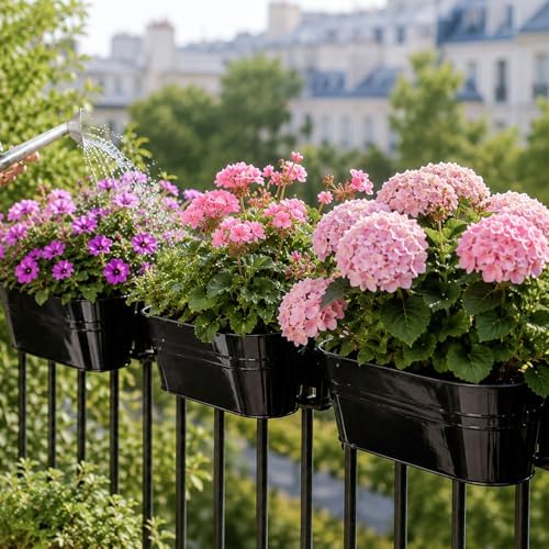 KINGLAKE Flower Pots,10 Pcs Metal Iron Hanging Flower Plant Pot Balcony Garden Plant Planter Baskets Fence Bucket Pots 10.6" & 5.1" Flower Holders with Detachable Hook Black - Image 4