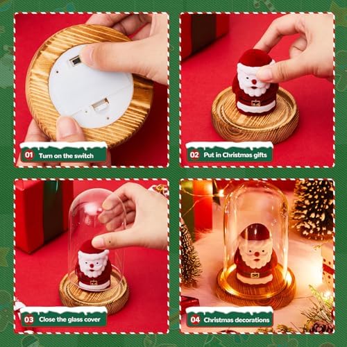 4 Pack 3.54'' x 5.91'' Christmas Glass Cloche Domes with Light Wood Base - Image 4