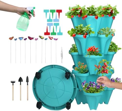 DUNCHATY Stackable Planter, Teal, 6 Tier Garden Tower, Self Watering, Indoor/Outdoor, with Garen Tool Set by DUNCHATY