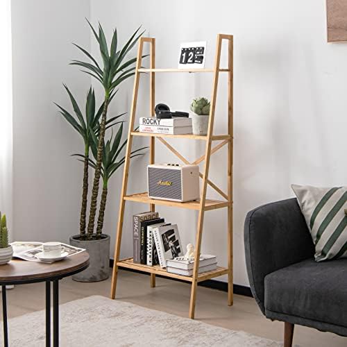 Tangkula 4-Tier Bamboo Ladder Bookshelf, Rustic Bookcase, Floor Standing Shelving Unit, Book Shelf Storage Organizer, Display Rack for Living Room, Kitchen, Bedroom, Office (1, Natural) by TANGKULA