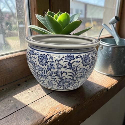 Oriental Lotus Flowers with Fern Design, Blue and White Ceramic Fish Bowl Planter Plant Pot No Drain Hole (8" Diameter x 5" Tall) - Image 4