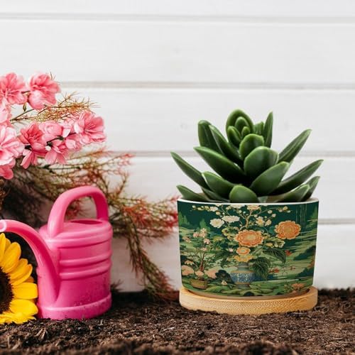 Vase Green Chinoiserie Ceramic Planter Daily Planters for Indoor Plants with Drainage Holes and Saucers Pot for Home Desktop Office Windowsill - Image 5