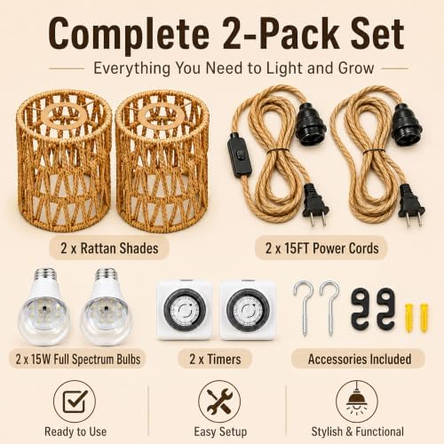 2 Pack Hanging Grow Lights for Indoor Plants Boho Rattan Plant Light - Image 3