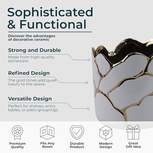 Set of 2 Plant Pots for Indoor Plants – Ceramic Planters with Gold Accents, Decorative Pots for Home Decor, Modern Indoor/Outdoor Ceramic Planter Set, Stylish Pot for Plants – 6/7", White - Image 5
