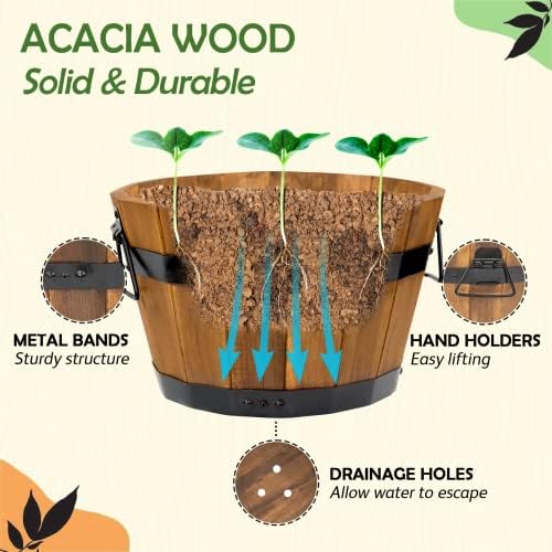 Idzo Set of 3 Wooden Flower Boxes Outdoor, Durable Acacia Wood Barrel Planters for Outdoor Plants with Ergonomic Handles, Drainage Holes, Multiple Sizes Wood Bucket Planter Light Brown - Image 5