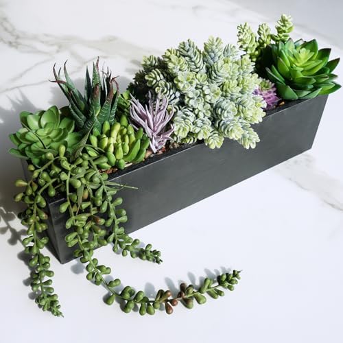 Winlyn 14" Artificial Succulent Plants Arrangement Assorted Faux Succulents in Rustic Black Rectangular Wooden Planter Box Faux Potted Plant Decor for Farmhouse Home Windowsill Shelf Table Centerpiece - Image 7