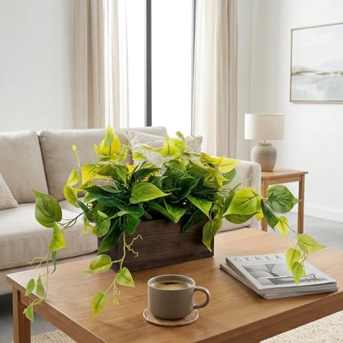 MyGift Artificial Pothos Plant in Burnt Brown Wood Rectangular Planter - Image 2