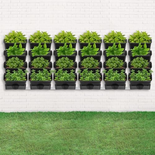 Vertical Wall Planter with 24 Pots, Hanging Garden Plant Flowerpot Holder, Stackable Wall-Mounted Planter, Balcony Planters for Flowers Vegetables Fruits (Black, 24 Pots+6 Drainage Planters&Pipe) - Image 3