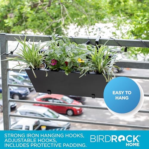 BIRDROCK HOME 2pk Metal Railing Planter Box | Flower Boxes for Deck Railings | Adjustable Rail Hanging Bracket | Black Balcony Boxes | House Apartment Plant Pot - Image 4