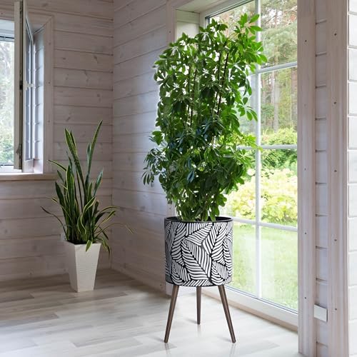 D'vine Dev 16 Inch Planter Pot with Wood Stand, White/Grey, 88-L-E-7 - Image 5
