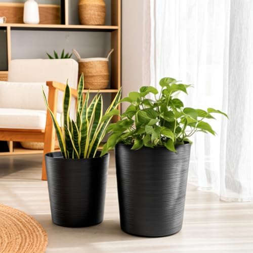 Tall Modern Lines Resin Planters for Home Decor and Garden Spaces - Minimalist Round Planters for Indoor and Outdoor - Classic Flower Pots for Patio and Entryway - Set of 2, 21", 19", Black - Image 2