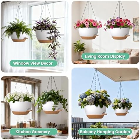 UOUZ 13 Inch 2 Pack Large Self Watering Hanging Planters for Indoor Outdoor Plants, Hanging Plant Pots with Removable 50 Oz Reservoir, Plastic Hanging Basket for Window Porch Garden, White with Brown - Image 6