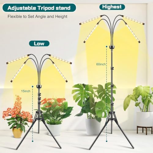 LED Grow Lights for Indoor Plants,4 Heads Full Spectrum Plant Light with 15-63" Adjustable Tripod Stand, Indoor Grow Lamp with Remote Control and Auto On/Off Timer Function - Image 4