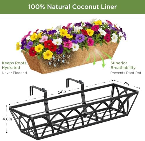HFHOME 24 inch Railing Planter Box - 4 Pack Metal Window Trough with Coconut Coir Liners, Flower Basket for Deck Railings Balcony or Porch to Display Plants and Flowers - Image 2